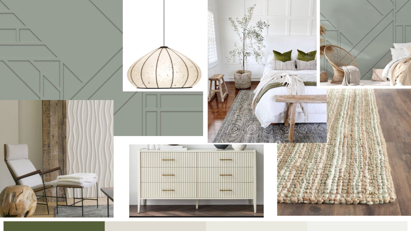 A mood board of 7 images showcasing different home decor items. The images include a green geometric panelled wall; a white pendant light; a bedroom with a white bed, green pillows and a wooden bench at the foot of the bed; a living room with a wooden chair, a white rug and a wooden side table; a white dresser with gold handles and a multicolored rug with a geometric pattern. The colour theme is Sage Green and Neutral tones.