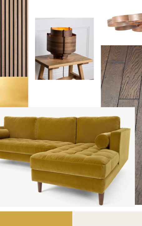 A mood board of different furniture and home decor items. The images are of a wooden floor lamp, a wooden wall panel, a wooden side table, a wooden chandelier, a yellow armchair, a yellow sofa, a wooden coffee table, and a wooden bookshelf. The overall theme of the collage is modern and minimalistic with a focus on wooden furniture and yellow accents.
