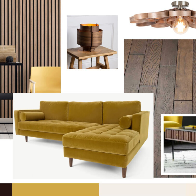 A mood board of different furniture and home decor items. The images are of a wooden floor lamp, a wooden wall panel, a wooden side table, a wooden chandelier, a yellow armchair, a yellow sofa, a wooden coffee table, and a wooden bookshelf. The overall theme of the collage is modern and minimalistic with a focus on wooden furniture and yellow accents.