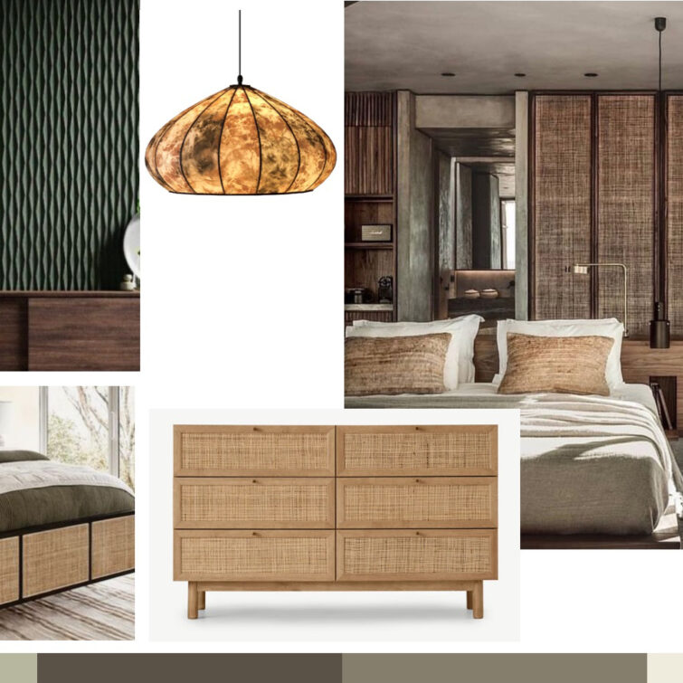 A mood board of 6 images showcasing different furniture and interior design styles. The images include a bedroom with a green accent wall and a wooden chair; a hanging light fixture with a unique design; a bedroom with a rattan effect wardrobe in the background ; a bed with a wooden headboard and a grey throw; a wooden dresser with a woven design on the front; and a tall wooden single wardrobe with a woven design on the front. The colour theme is varying shared of green.