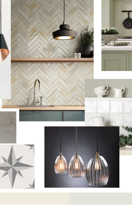 A mood board of images showcasing different kitchen designs and styles centred around a Sage Green and Neutral colour palette. The images showcase different elements of kitchen design such as countertops, backsplash, lighting, and flooring.