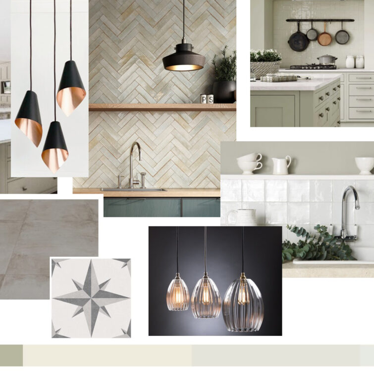 A mood board of images showcasing different kitchen designs and styles centred around a Sage Green and Neutral colour palette. The images showcase different elements of kitchen design such as countertops, backsplash, lighting, and flooring.