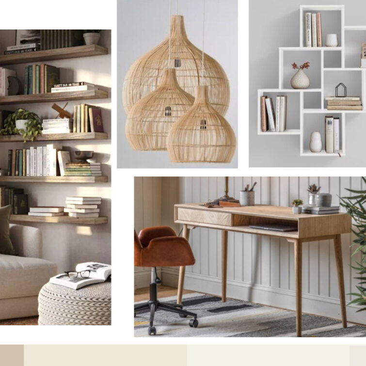 A mood board of five images showcasing different furniture and home decor items. The images include a living room with a beige sofa, a bookshelf, and a coffee table; a woven pendant light in the shape of a teardrop; a desk with a chair and a shelf above it; a floor lamp with a wooden tripod base and a white lampshade; and a white shelf with various decorative items on it. The colour theme is a selection of beige and neutral tones.