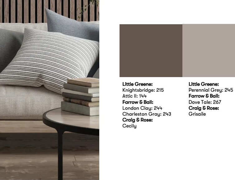 Colour inspiration board for a living room showing an inspirational image with a wooden wall, a grey sofa and a grey cushions. The colour palette has 4 colours with their paint references listed below them for Little Greene, Farrow & Ball and Craig & Rose. The colour palette is based around different shared of browns and neutrals.