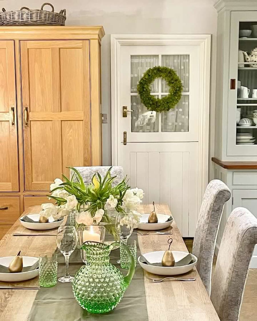 Country cottage table scape using a taupe and pale green colour theme