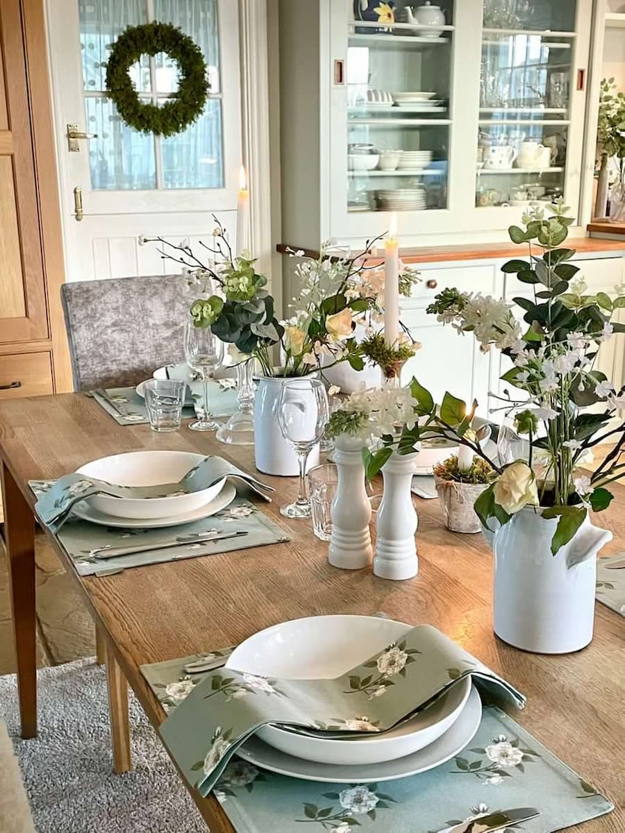 Styled kitchen table following a country cottage theme