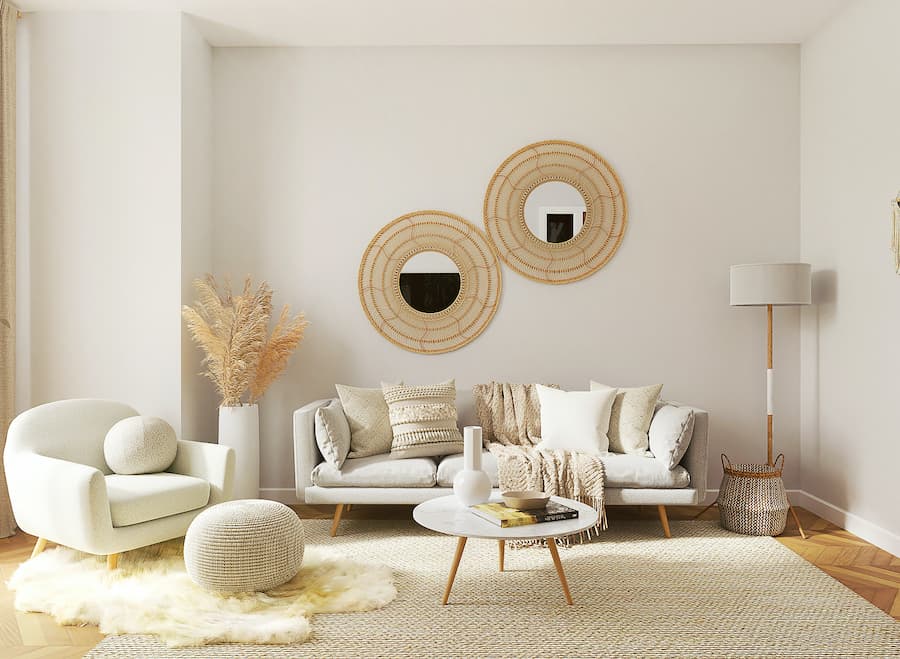 Modern, neutral living room with two large circular mirrors on the wall above a cream sofa. The cream sofa has a selection of cushions in different tones of white and beiges with textured interest and a throw. To the left of the sofa is a single white chair with crochet knitted footstool in front, of which both are sat on a cream sheepskin. There is a vase with pampas grass in the left corner of the room and a tall lamp to the right corner of the room and a small circular coffee table positioned to the front of the sofa