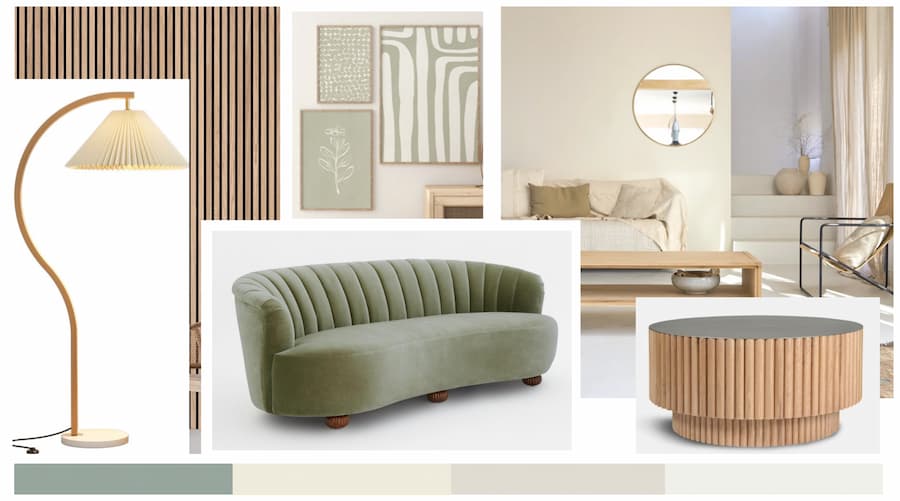 Home interiors mood board using a sage green and neutral colour palette. Oak wooden panelled detail to the top left corner with curved floor lamp with cream pleated lampshade. A sage green curved velvet sofa and ribbed oak circular coffee table and sage green with off white artwork
