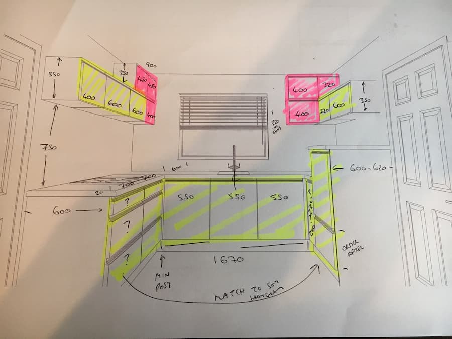 Initial kitchen design drawn out on paper