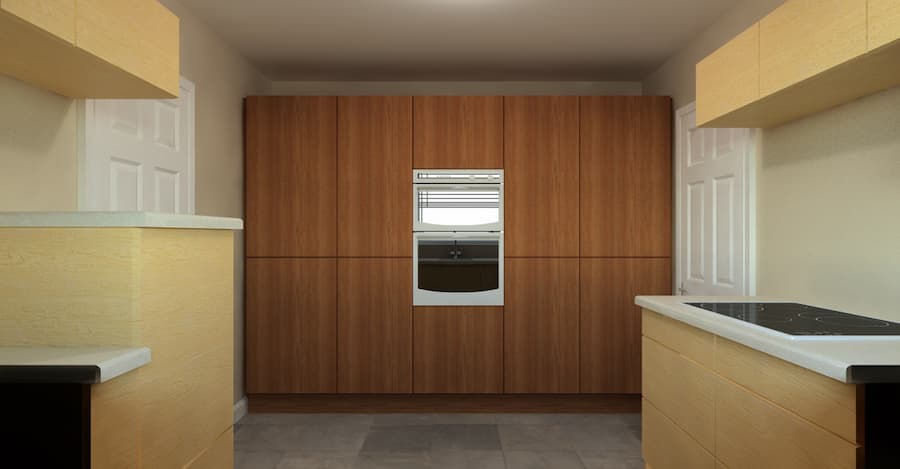 Modern kitchen design computer generated Back wall of kitchen showing floor to ceiling cupboards in walnut with a double oven positioned in the centre