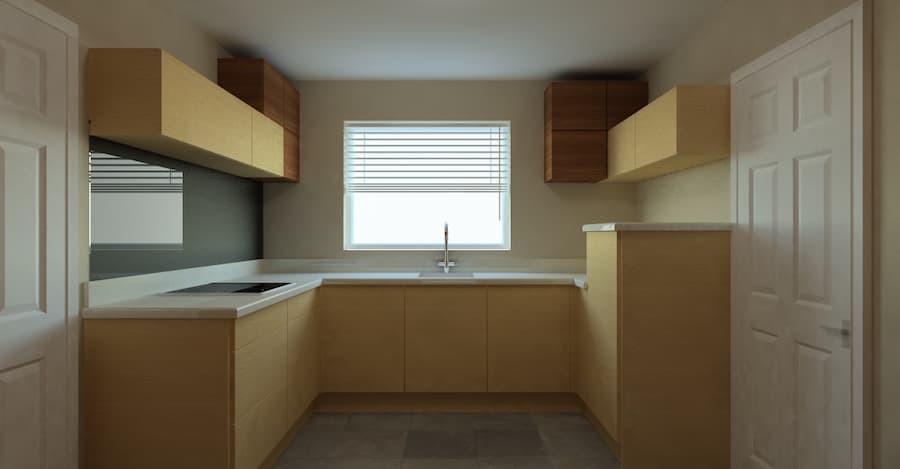 Modern kitchen design computer generated Oak and walnut interconnecting modular wall units and oak units on the floor