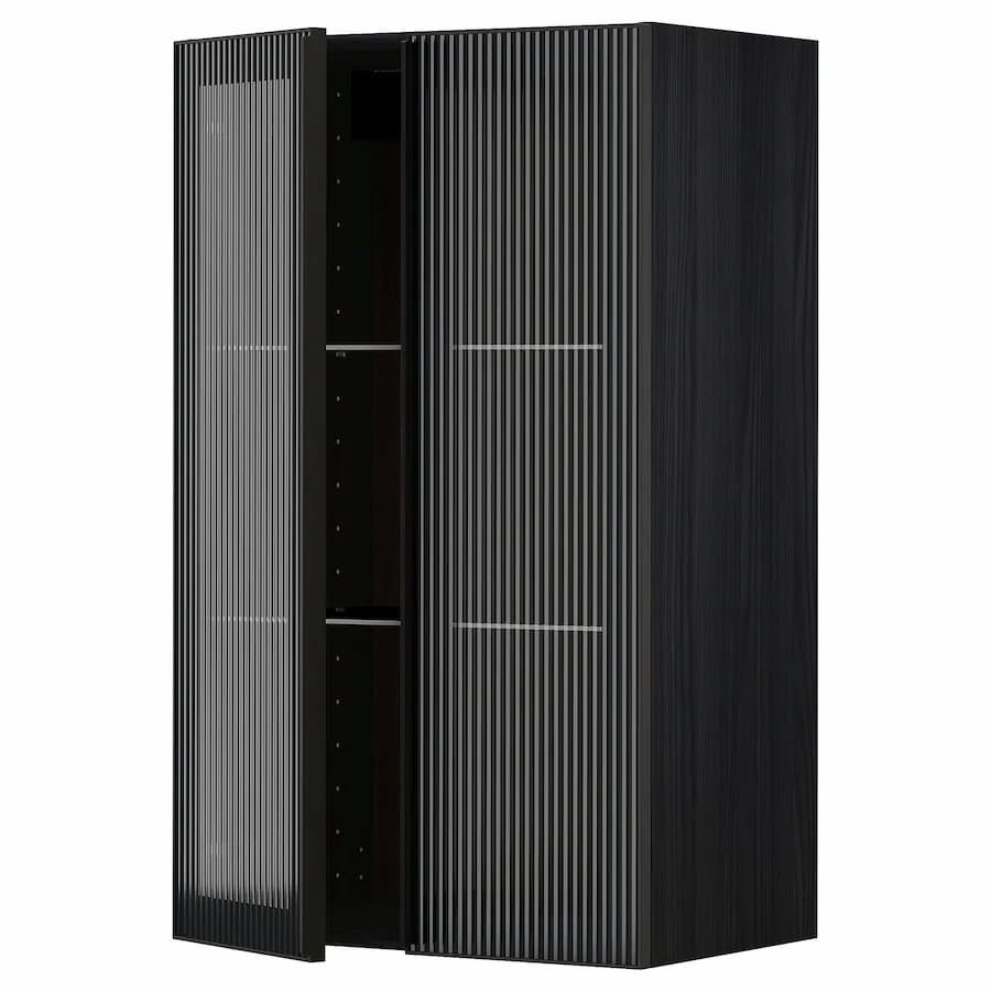 Black wall mounted cupboard with reeded glass doors