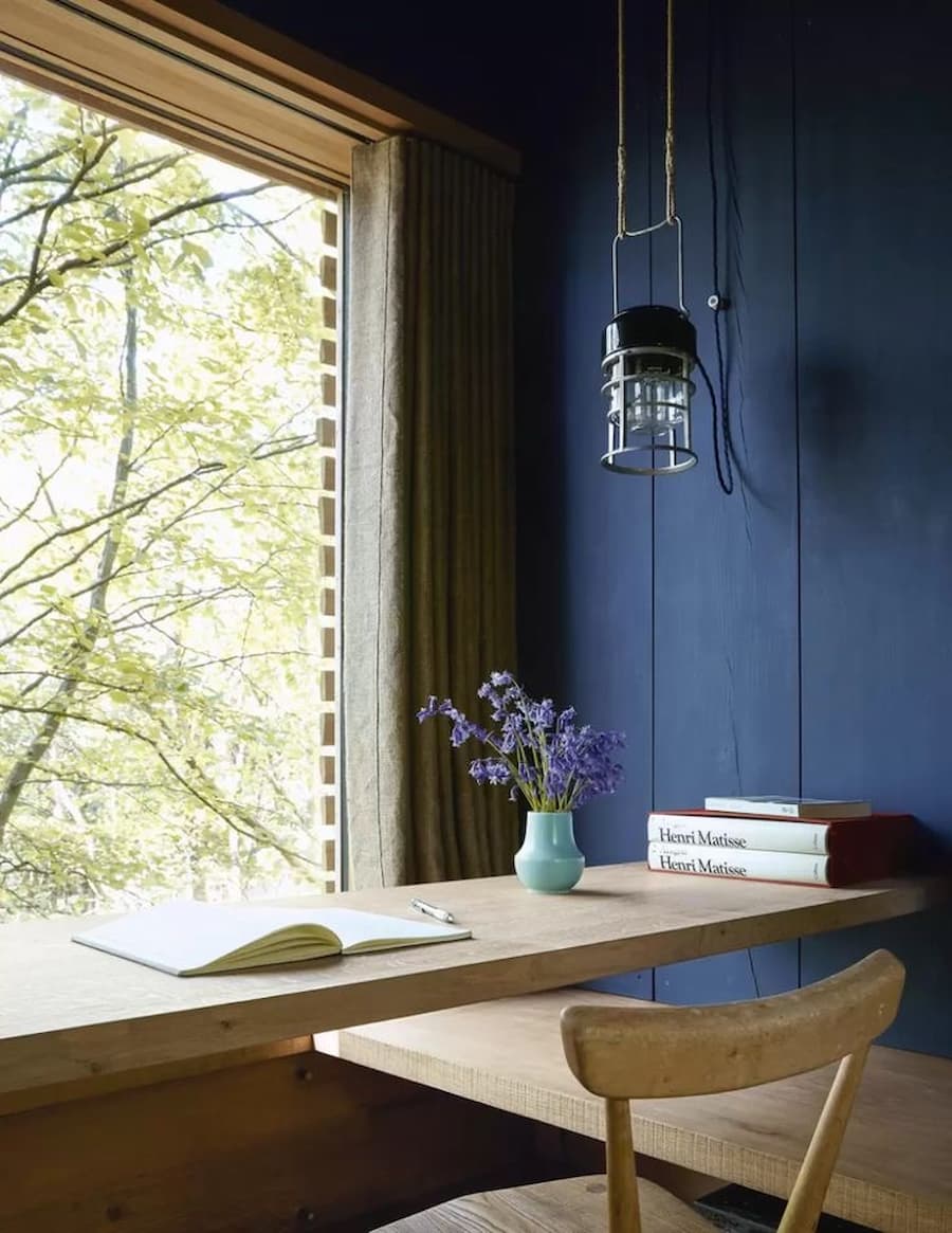 Blue office combined with natural wood