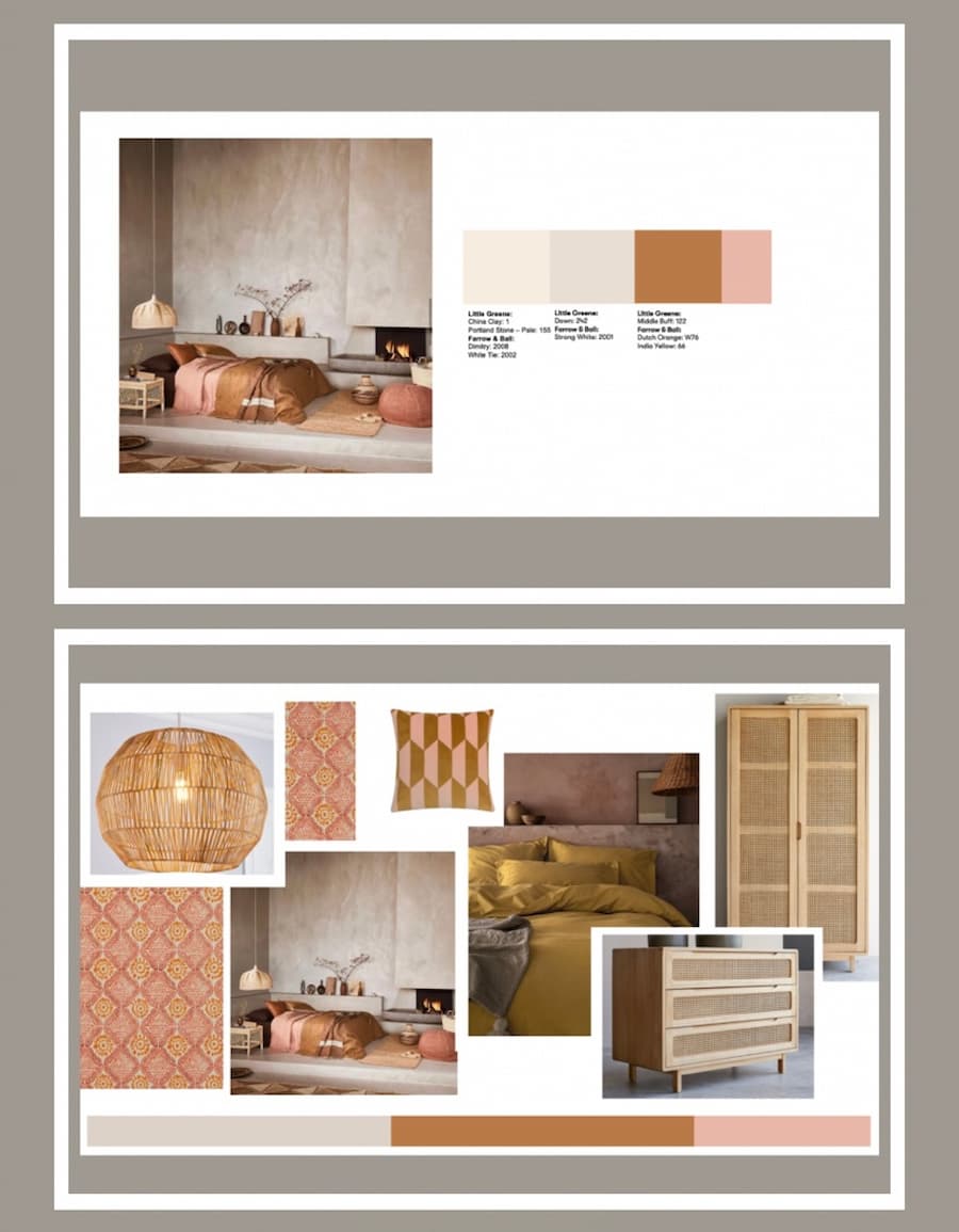 Sonya the Home Stylist mood board showing a colour palette proposal and how this colour palette can be used for an actual bedroom.