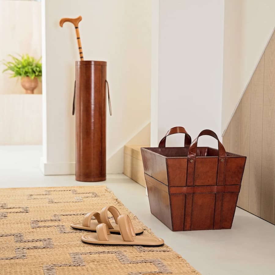 Leather wooden stick stand and leather basket for storage