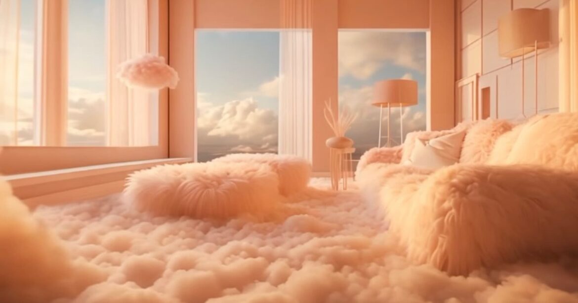 Pantone colour of the year 2024 Peach Fuzz Fluffy cloud computer generated living room of Pantone's colour of the Year, Peach Fuzz